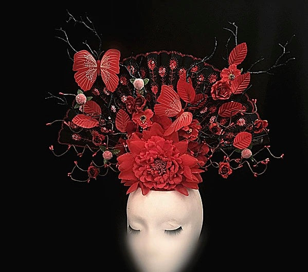 Crimson Elegance: A Floral and Fan-Themed Headpiece