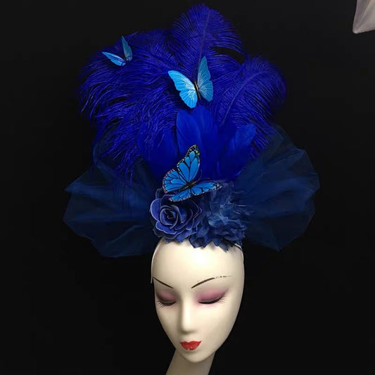 Extravagant Colorful Feather and Flower Headpiece with Butterfly Accents for Special Occasions